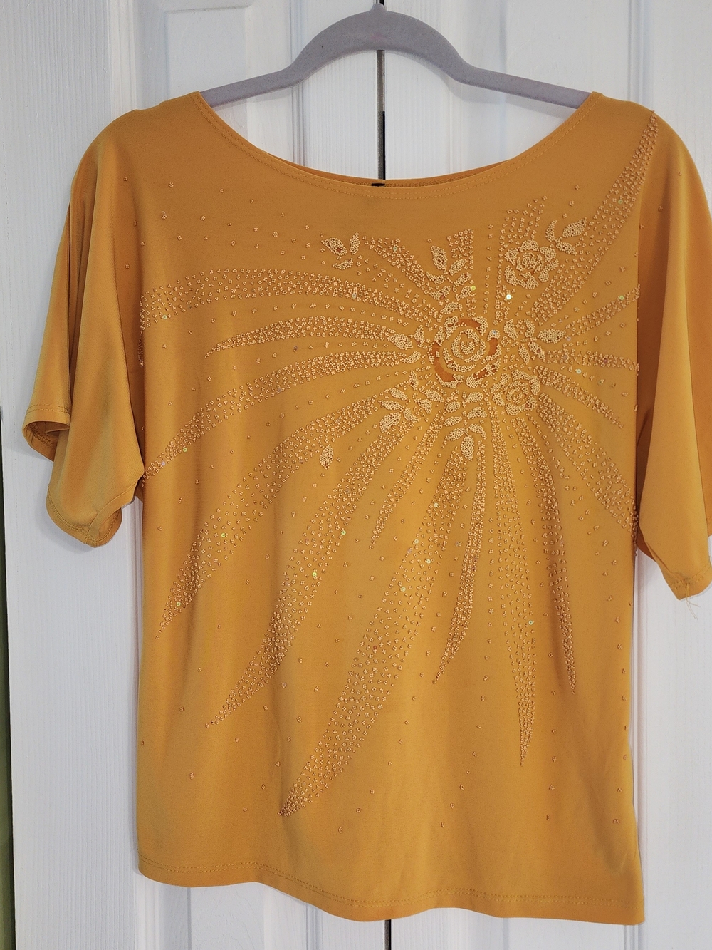 Women's Mustard Yellow Short Sleeve Embellished Scoop Neck Top Y2K Size M